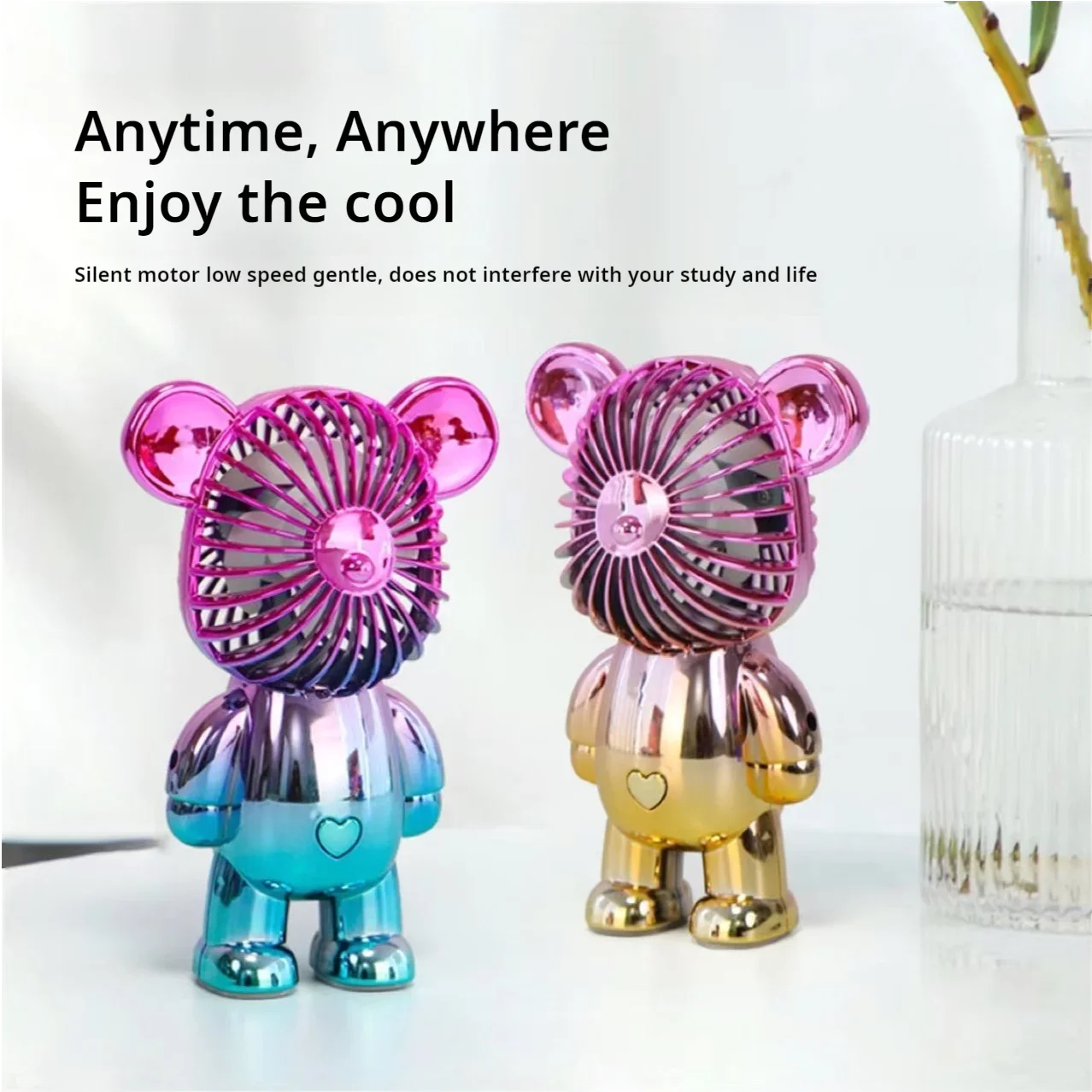 Car Ornament Model New USB Mini Cute Cartoon Bear Fan Wind Power Handheld Portable Fan Convenient Office Small Fans Gifts